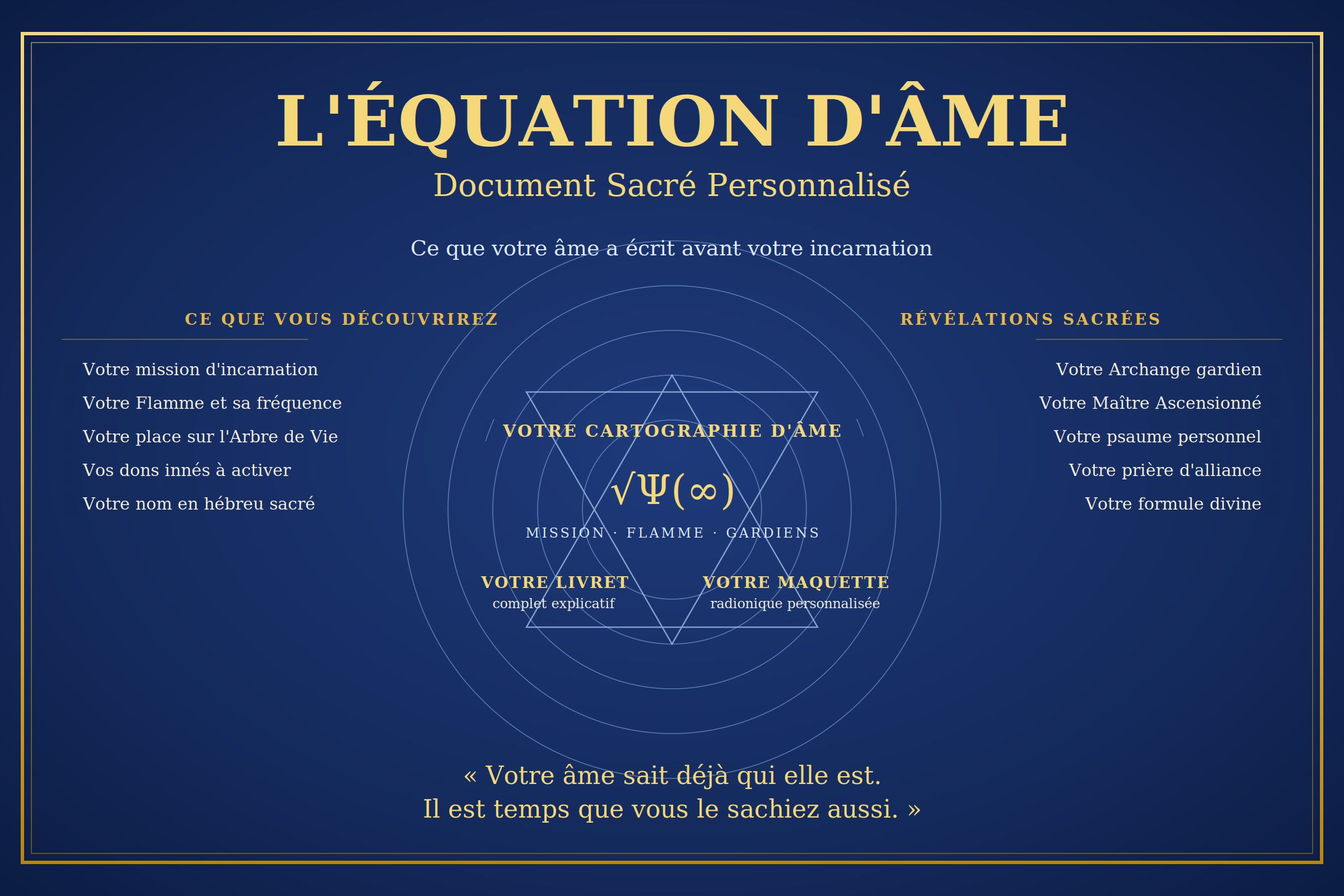 L'Équation d'Âme, document sacré personnalisé : ce que vous découvrirez — votre mission d'incarnation, votre Flamme et sa fréquence, votre place sur l'Arbre de Vie, vos dons innés à activer, votre nom en hébreu sacré ; vos révélations sacrées — votre Archange gardien, votre Maître Ascensionné, votre psaume personnel, votre prière d'alliance, votre formule divine ; au centre votre cartographie d'âme, votre livret complet explicatif et votre maquette radionique personnalisée